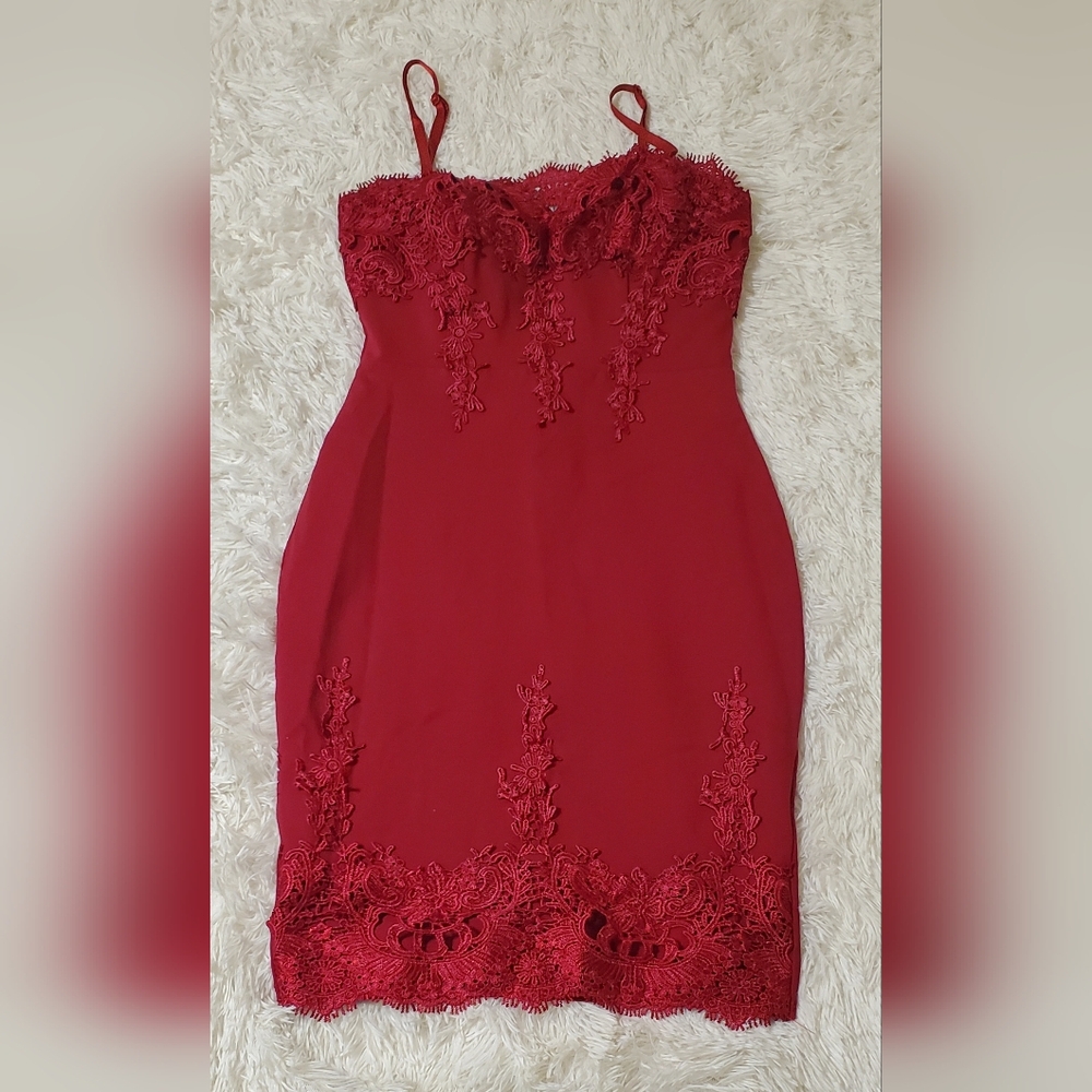 Strappy Vixen Red Lace Mini Dress By Haute Monde, Sz Medium, Holiday Date Night